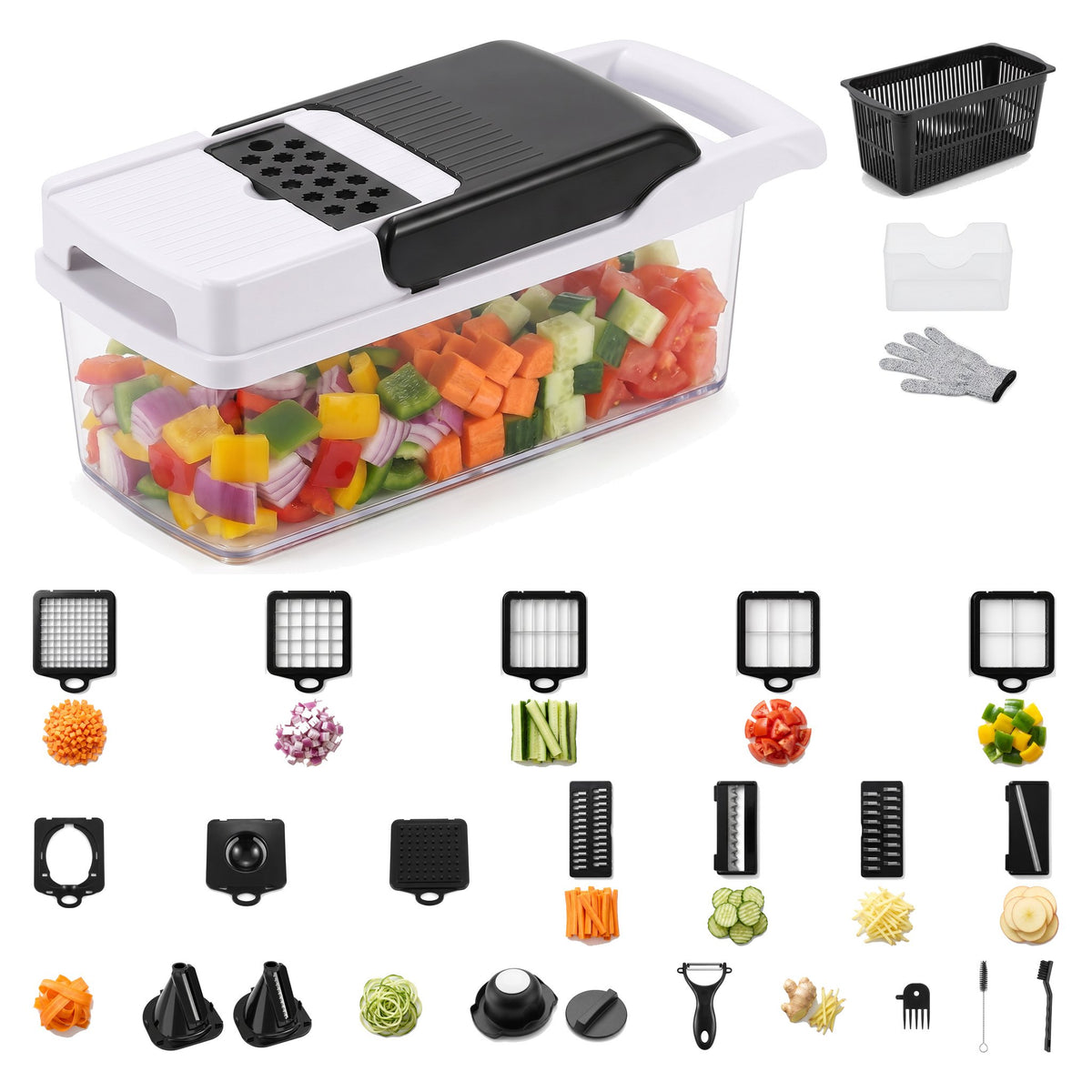 25-in-1 vegetable chopper with clear container full of diced vegetables, drain basket, 5 dicer grids and all accessories
