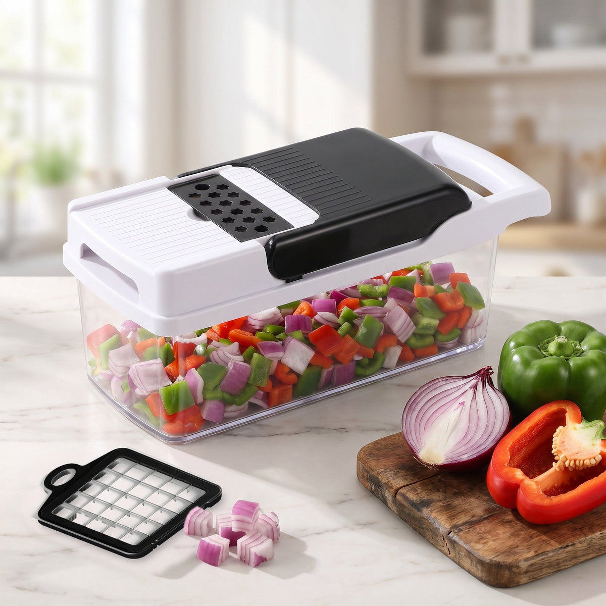 Vegetable chopper with clear container of diced onion and bell pepper, medium 13 mm dicer grid on a kitchen counter