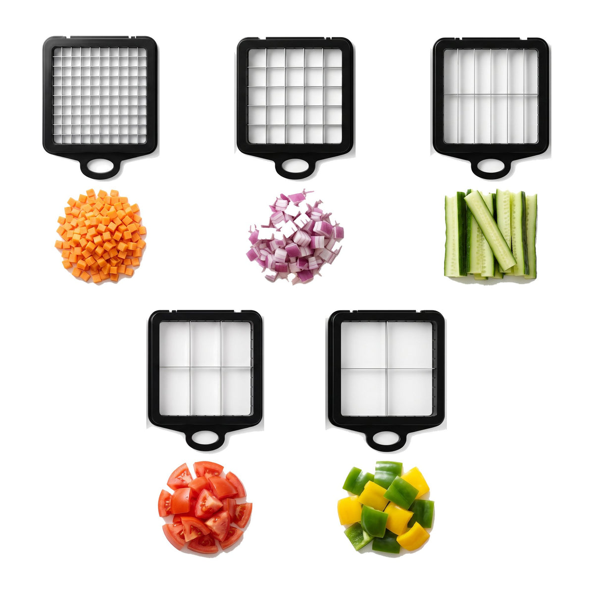 Five dicer grids: 6 mm, 13 mm, 13x35 mm, 24x35 mm and 35x35 mm, each shown with diced vegetables